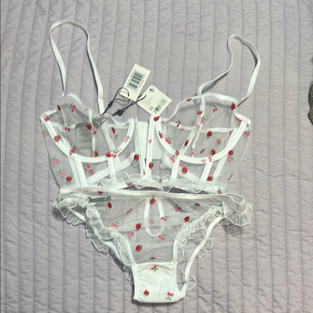 White, Pink, and Red Cherry, Apple Sheer Lingerie Set
